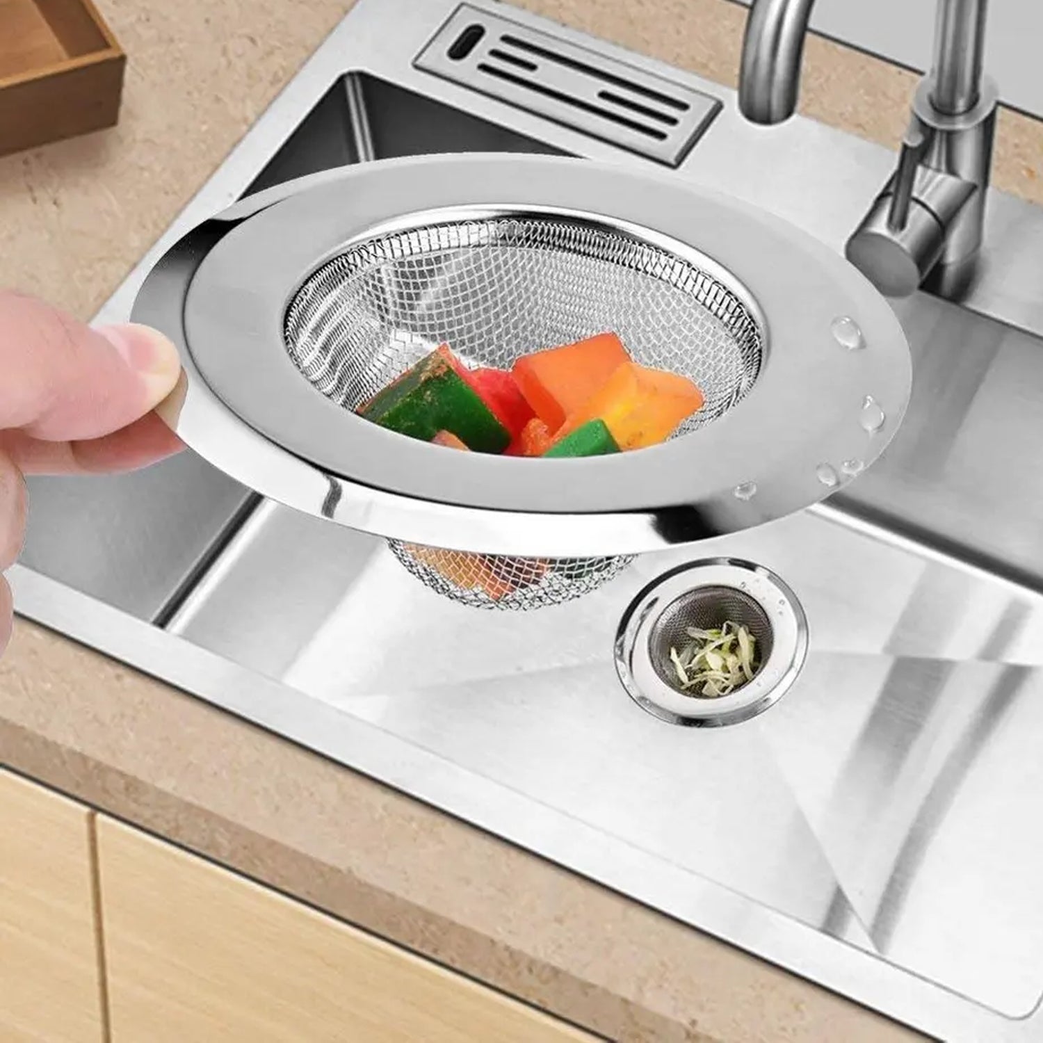 Stainless steel sink strainer for kitchen drains. Stainless steel sink strainer for kitchen drains.